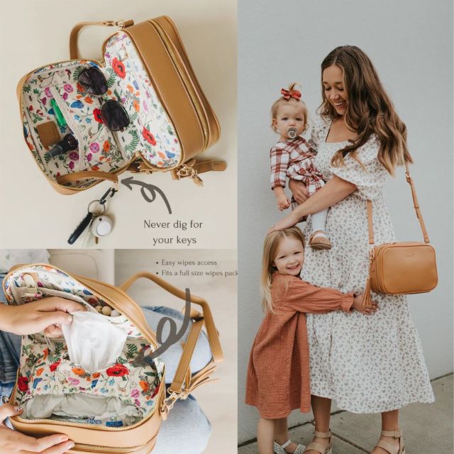 a mom with a crossbody diaper bag and two small children