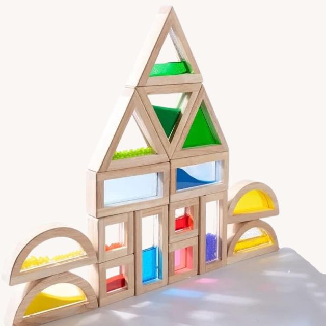 set of wooden stacking blocks with colorful windows