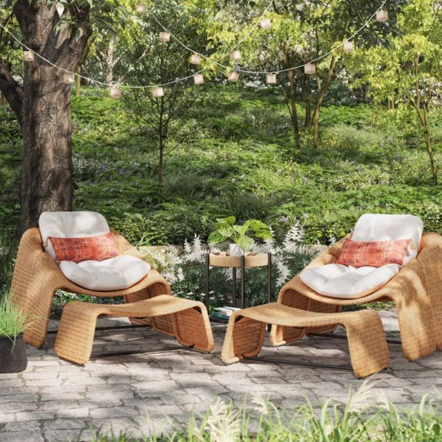 set of two modern wicker outdoor chairs with matching ottomans