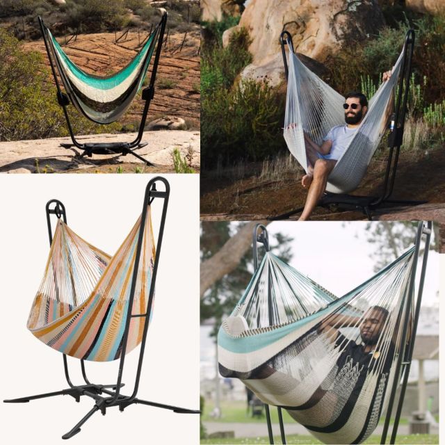 hammock stand and various images of men relaxing in one