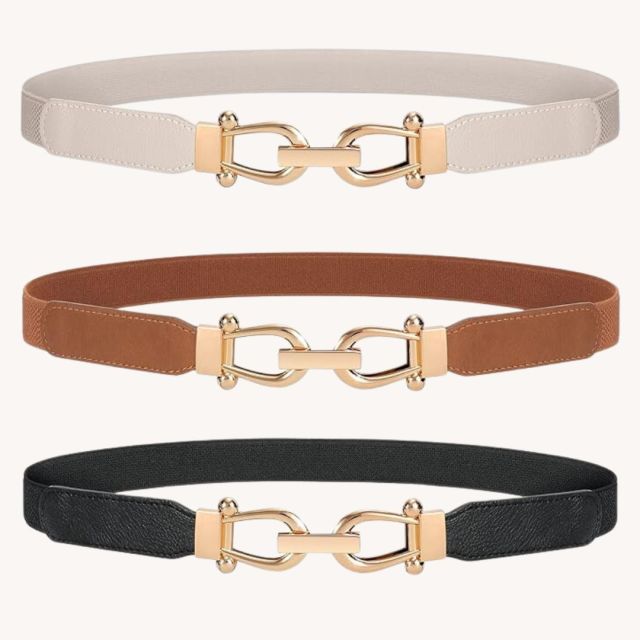 set of three belts with gold hardware in cream, brown, and black