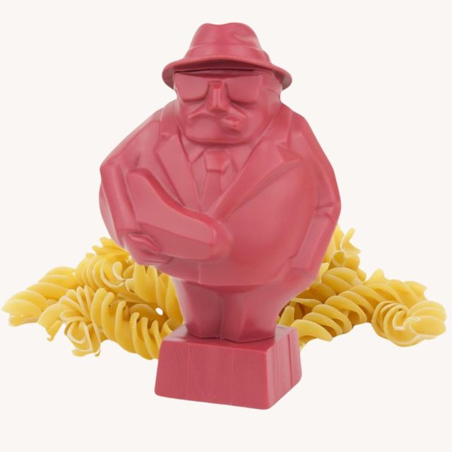 red floating pasta timer in the shape of a man with guitar