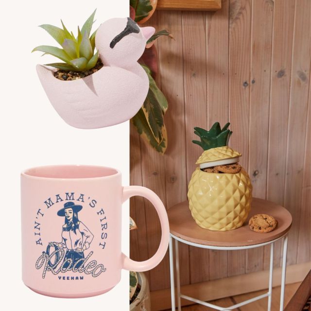pink coffee mug, pink duck planter, pineapple cookie jar
