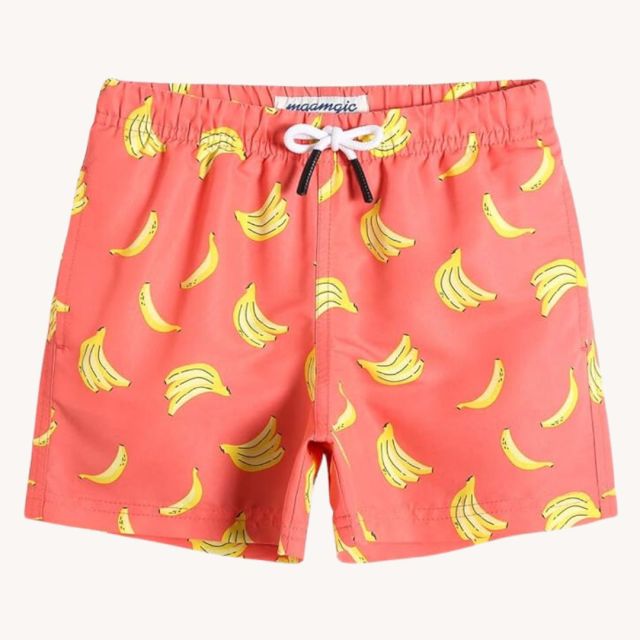 orange swim trunks with banana print