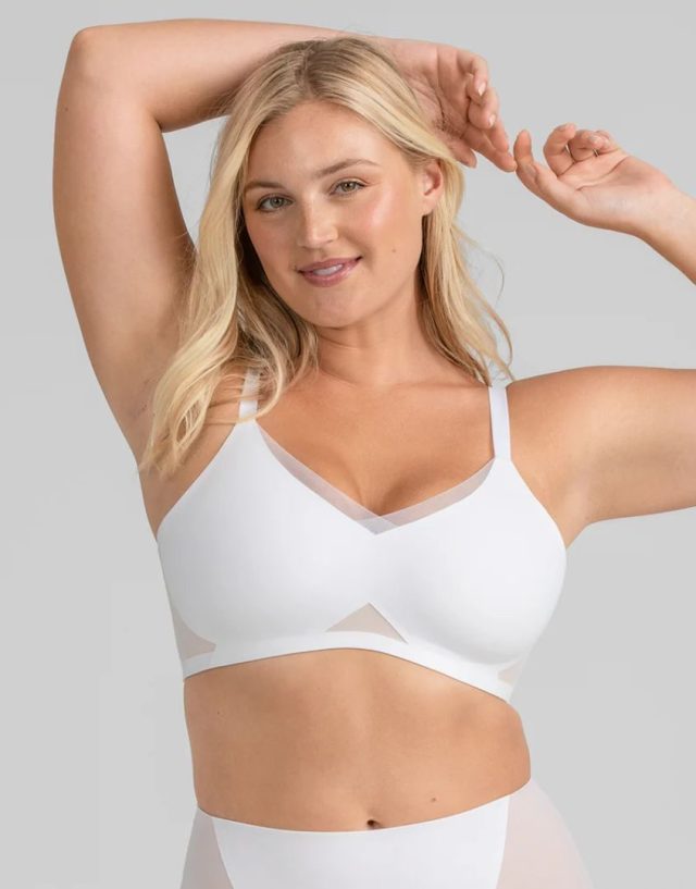 model wearing white bra and underwear set