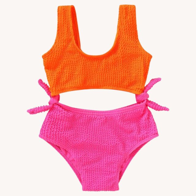 orange and pink two-piece swimsuit with ties at the side