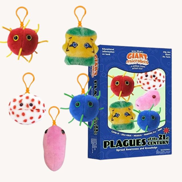 a box of plush plague-themed keychains