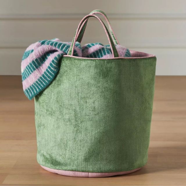 green velvet storage basket