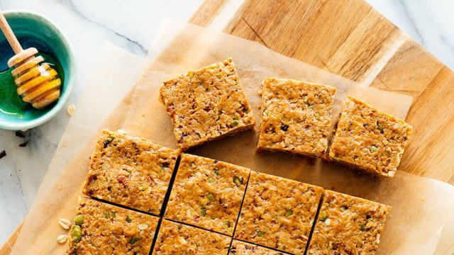 a picture of no-bake granola bars, one of the best protein snacks for kids