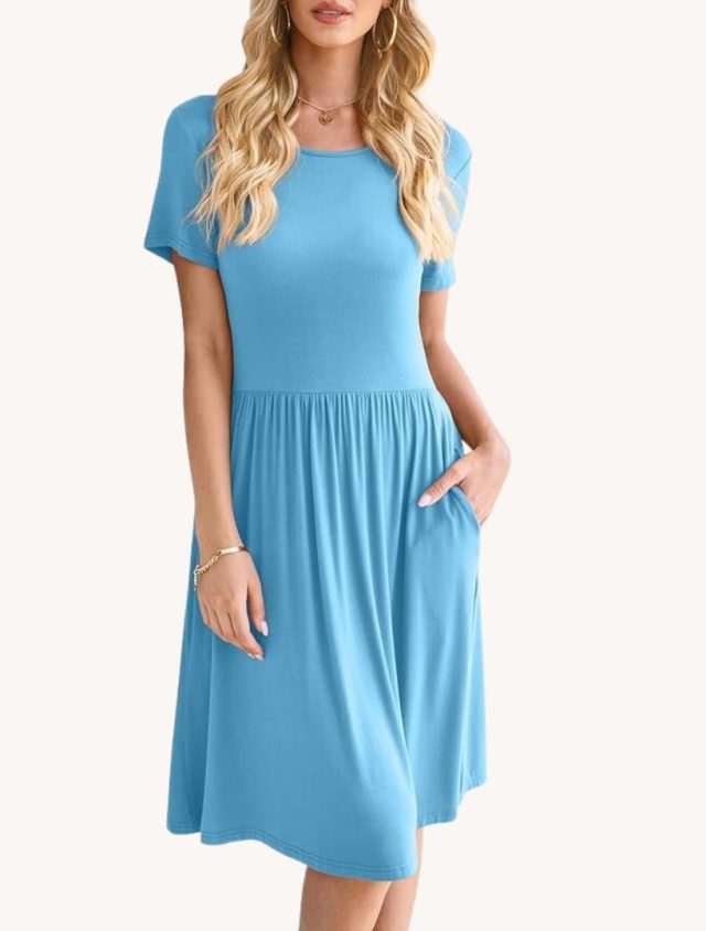 woman wearing light blue dress