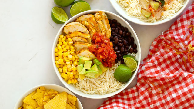 a picture of a no-cook burrito bowl, a good lazy dinner idea