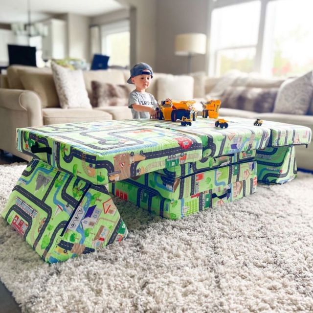 little boy playing with road-patterened modular play couch