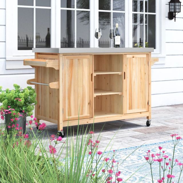 wooden bar cart on patio