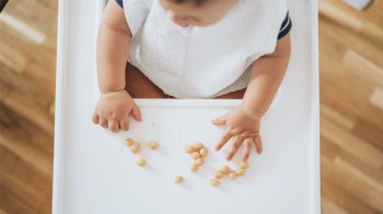 an aerial shot of an infant in their high chair eating baby finger foods
