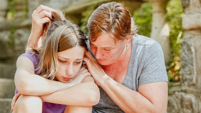 What is negative self-talk? This teen shows her mom by being really hard on herself while her mom comforts her.