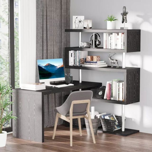 l-shaped desk and shelves