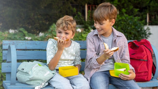 Two kids at lunchtime eating freezer sandwiches