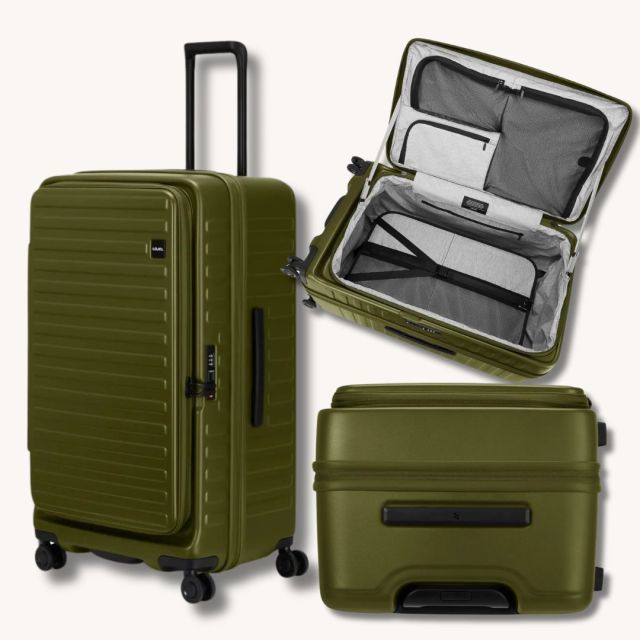 olive green suitcase shown at different angles