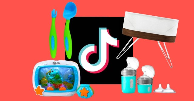 A TikTok logo surrounded by smart baby products like feeding utensils and a Snoo, some of the best tiktok amazon finds