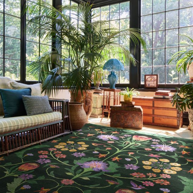 Living room with green rug