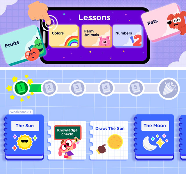 screen shots of the lingokids app lesson plans, one about space and the other with toddler themes