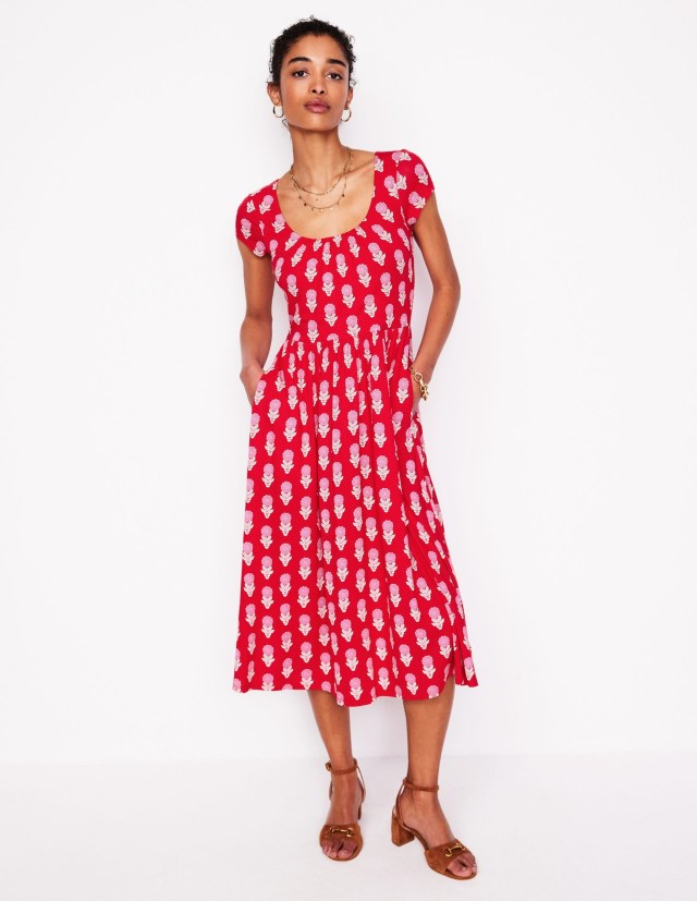 dresses with pockets red patterned tea length dress