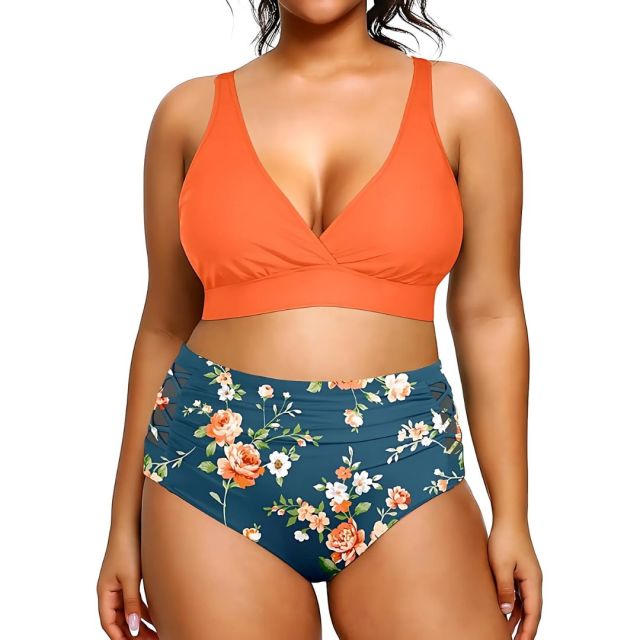 orange and teal high waisted bikini mom swimsuit