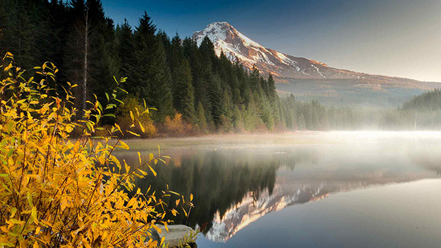 the beautiful vista at Trillium Lake reflected in the water in oregon mt hood territory