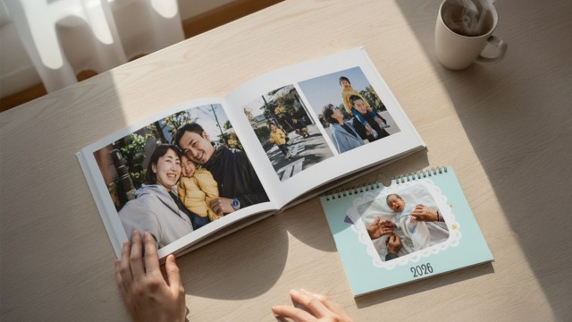 A photo book and calendar from the Tinybeans photo store opened to beautiful spreads