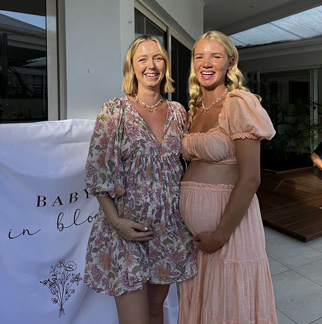 A new mom peanut story about best friends who met on the app, posing at their baby shower