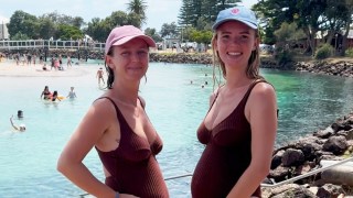 A new mom Peanut story about best friends who met on the app, posing with their pregnant bellies in matching swimsuits