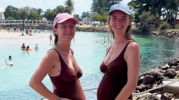 A new mom Peanut story about best friends who met on the app, posing with their pregnant bellies in matching swimsuits